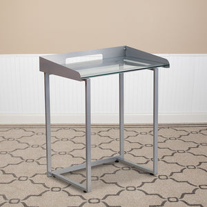 Contemporary Clear Tempered Glass Desk with Raised Cable Management Border and Silver Metal Frame by Office Chairs PLUS