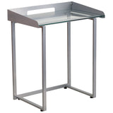 Contemporary Clear Tempered Glass Desk with Raised Cable Management Border and Silver Metal Frame