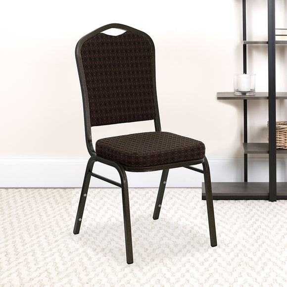 HERCULES Series Crown Back Stacking Banquet Chair in Brown Patterned Fabric - Gold Vein Frame by Office Chairs PLUS
