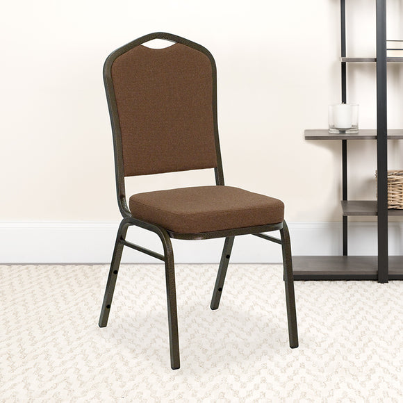 HERCULES Series Crown Back Stacking Banquet Chair in Coffee Fabric - Gold Vein Frame by Office Chairs PLUS