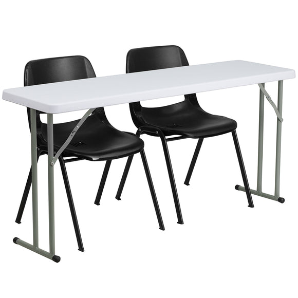 5-Foot Plastic Folding Training Table Set with 2 Black Plastic Stack Chairs