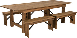 HERCULES Series 8' x 40'' Antique Rustic Folding Farm Table and Four 40.25"L Bench Set