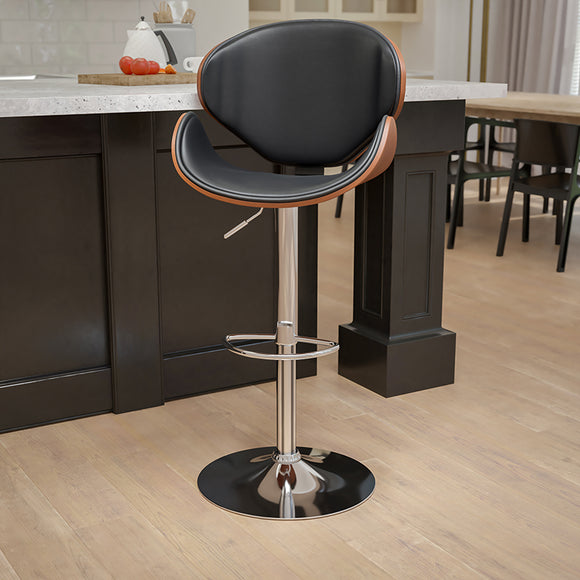 Walnut Bentwood Adjustable Height Barstool with Curved Back and Black Vinyl Seat