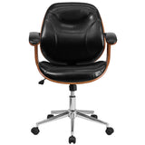 Mid-Back Black LeatherSoft Executive Ergonomic Wood Swivel Office Chair with Arms