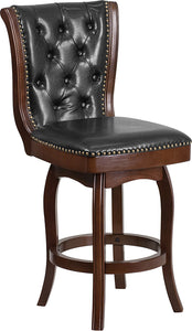 26'' High Cappuccino Wood Counter Height Stool with Button Tufted Back and Black LeatherSoft Swivel Seat