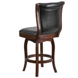 26'' High Cappuccino Wood Counter Height Stool with Button Tufted Back and Black LeatherSoft Swivel Seat