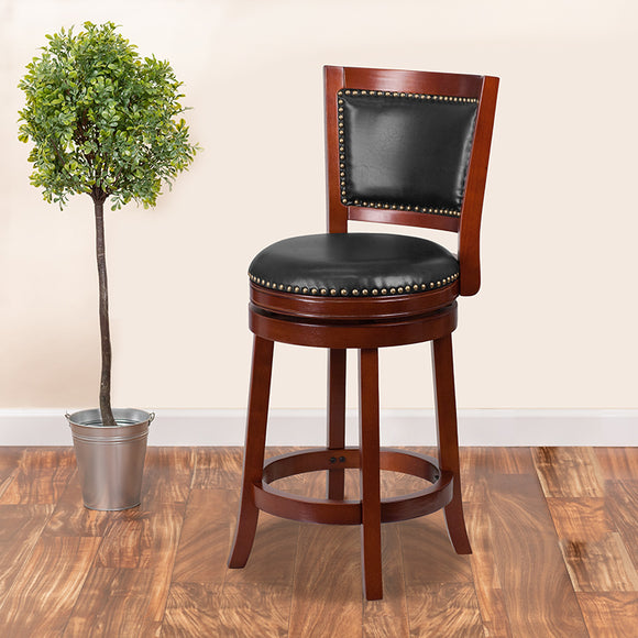 26'' High Dark Cherry Wood Counter Height Stool with Open Panel Back and Walnut LeatherSoft Swivel Seat