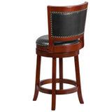26'' High Dark Cherry Wood Counter Height Stool with Open Panel Back and Walnut LeatherSoft Swivel Seat