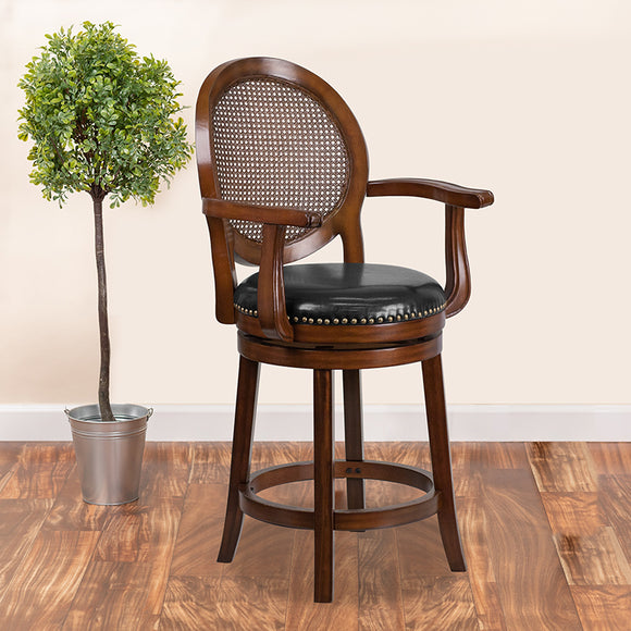 26'' High Expresso Wood Counter Height Stool with Arms, Woven Rattan Back and Black LeatherSoft Swivel Seat