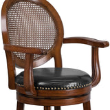 26'' High Expresso Wood Counter Height Stool with Arms, Woven Rattan Back and Black LeatherSoft Swivel Seat
