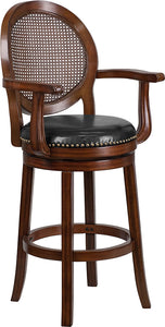 30'' High Expresso Wood Barstool with Arms, Woven Rattan Back and Black LeatherSoft Swivel Seat