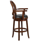 30'' High Expresso Wood Barstool with Arms, Woven Rattan Back and Black LeatherSoft Swivel Seat