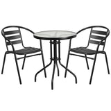 23.75'' Round Glass Metal Table with 2 Black Metal Aluminum Slat Stack Chairs