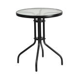 23.75'' Round Glass Metal Table with 2 Black Metal Aluminum Slat Stack Chairs