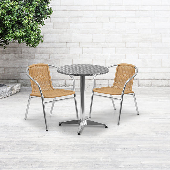 23.5'' Round Aluminum Indoor-Outdoor Table Set with 2 Beige Rattan Chairs