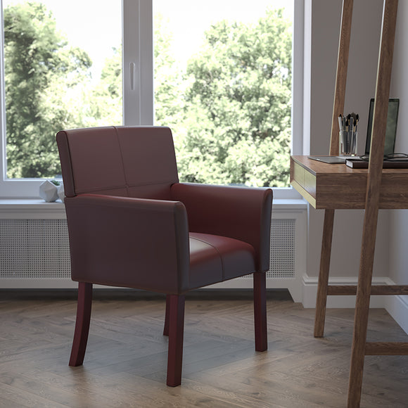 Waiting Room Chair With Arms and Mahogany Legs in Burgundy-LeatherSoft Side Reception Chair