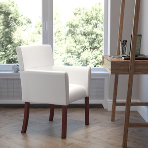 Waiting Room Chair With Arms and Mahogany Legs in White-LeatherSoft Side Reception Chair