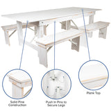 HERCULES Series 8' x 40" Antique Rustic White Folding Farm Table and Four 40.25"L Bench Set