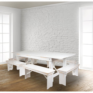 HERCULES Series 8' x 40" Antique Rustic White Folding Farm Table and Six Bench Set
