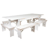 HERCULES Series 8' x 40" Antique Rustic White Folding Farm Table and Six Bench Set