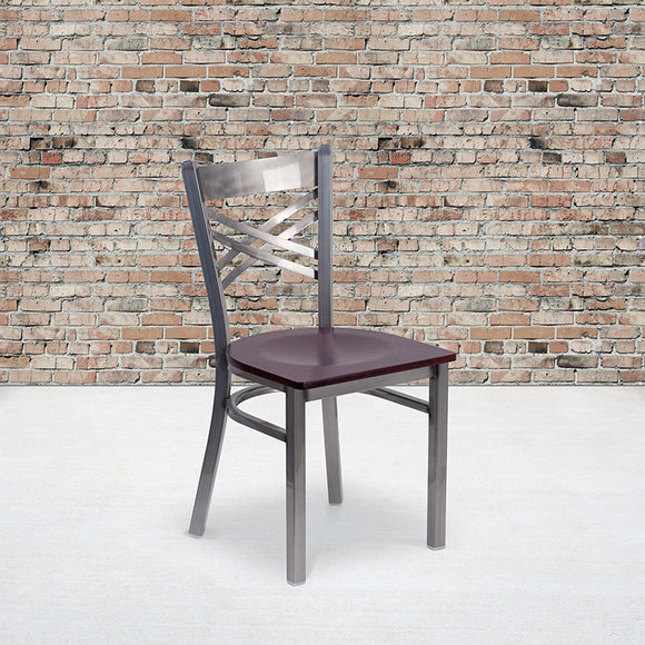 HERCULES Series Clear Coated ''X'' Back Metal Restaurant Chair - Mahogany Wood Seat by Office Chairs PLUS