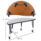 Mobile 47.5" Half Circle Wave Flexible Collaborative Oak Thermal Laminate Activity Table - Height Adjustable Short Legs