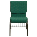 HERCULES Series 18.5''W Church Chair in Green Patterned Fabric with Book Rack - Gold Vein Frame
