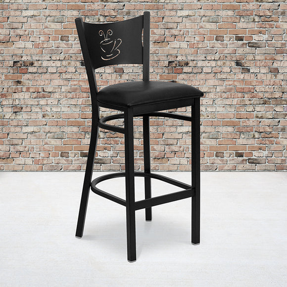 HERCULES Series Black Coffee Back Metal Restaurant Barstool - Black Vinyl Seat by Office Chairs PLUS
