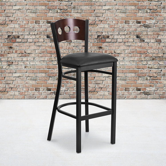 HERCULES Series Black 3 Circle Back Metal Restaurant Barstool - Walnut Wood Back, Black Vinyl Seat by Office Chairs PLUS