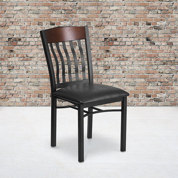 Eclipse Series Vertical Back Black Metal and Walnut Wood Restaurant Chair with Black Vinyl Seat by Office Chairs PLUS