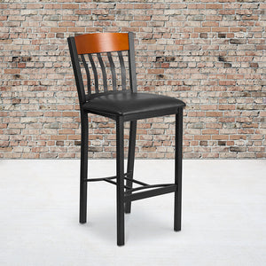 Eclipse Series Vertical Back Black Metal and Cherry Wood Restaurant Barstool with Black Vinyl Seat by Office Chairs PLUS