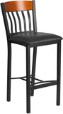 Eclipse Series Vertical Back Black Metal and Cherry Wood Restaurant Barstool with Black Vinyl Seat