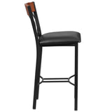 Eclipse Series Vertical Back Black Metal and Cherry Wood Restaurant Barstool with Black Vinyl Seat