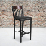Eclipse Series Vertical Back Black Metal and Walnut Wood Restaurant Barstool with Black Vinyl Seat by Office Chairs PLUS