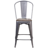 24" High Clear Coated Counter Height Stool with Back and Wood Seat