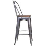 30" High Clear Coated Barstool with Back and Wood Seat