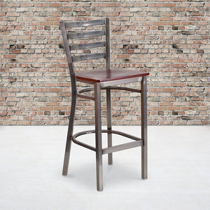 HERCULES Series Clear Coated Ladder Back Metal Restaurant Barstool - Mahogany Wood Seat by Office Chairs PLUS