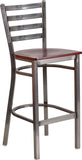 HERCULES Series Clear Coated Ladder Back Metal Restaurant Barstool - Mahogany Wood Seat