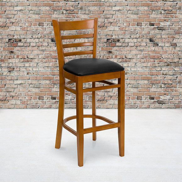 HERCULES Series Ladder Back Cherry Wood Restaurant Barstool - Black Vinyl Seat by Office Chairs PLUS
