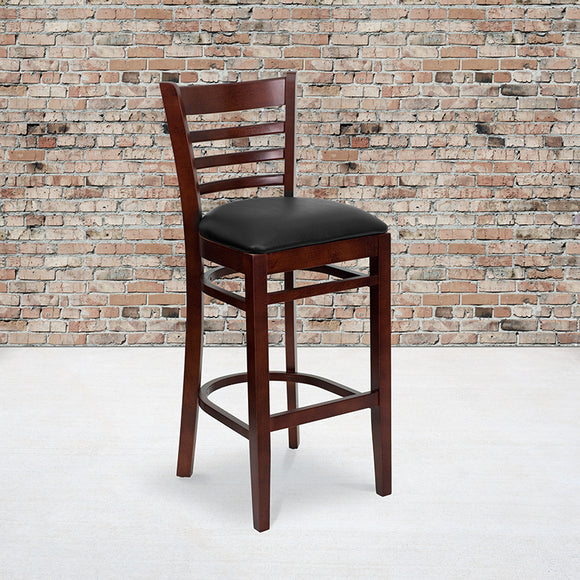 HERCULES Series Ladder Back Mahogany Wood Restaurant Barstool - Black Vinyl Seat by Office Chairs PLUS