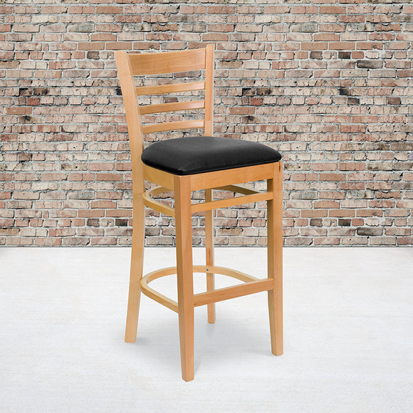 HERCULES Series Ladder Back Natural Wood Restaurant Barstool - Black Vinyl Seat by Office Chairs PLUS
