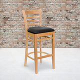 HERCULES Series Ladder Back Natural Wood Restaurant Barstool - Black Vinyl Seat by Office Chairs PLUS