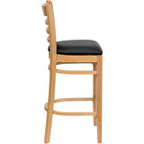 HERCULES Series Ladder Back Natural Wood Restaurant Barstool - Black Vinyl Seat