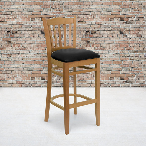 HERCULES Series Vertical Slat Back Natural Wood Restaurant Barstool - Black Vinyl Seat by Office Chairs PLUS