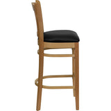 HERCULES Series Vertical Slat Back Natural Wood Restaurant Barstool - Black Vinyl Seat