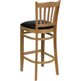 HERCULES Series Vertical Slat Back Natural Wood Restaurant Barstool - Black Vinyl Seat