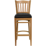 HERCULES Series Vertical Slat Back Natural Wood Restaurant Barstool - Black Vinyl Seat