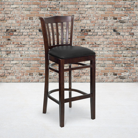 HERCULES Series Vertical Slat Back Walnut Wood Restaurant Barstool - Black Vinyl Seat by Office Chairs PLUS