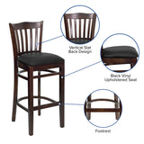 HERCULES Series Vertical Slat Back Walnut Wood Restaurant Barstool - Black Vinyl Seat