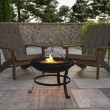 22" Round Wood Burning Firepit with Mesh Spark Screen and Poker